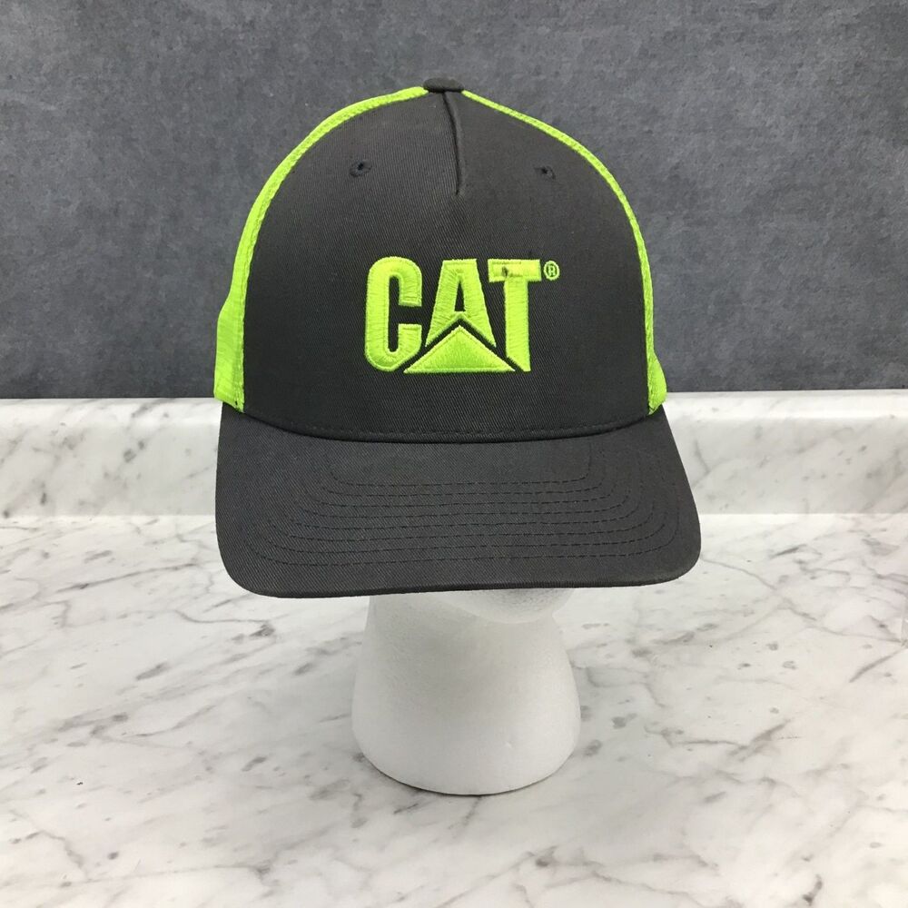 CAT Flexfit 110 Trucker Hat Men's Adjustable Snapback Dark Gray Neon Yellow Mesh